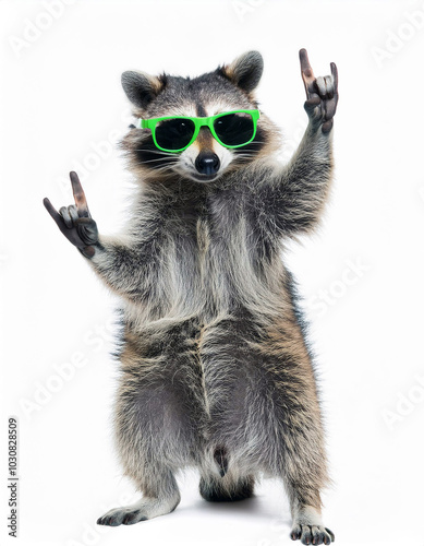 Rockin' Raccoon: A cheeky critter in green shades throws up the horns!  So cool! photo