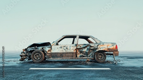 car big damaged and broken by accident on road parking can not drive any more. With copy space for text or design photo