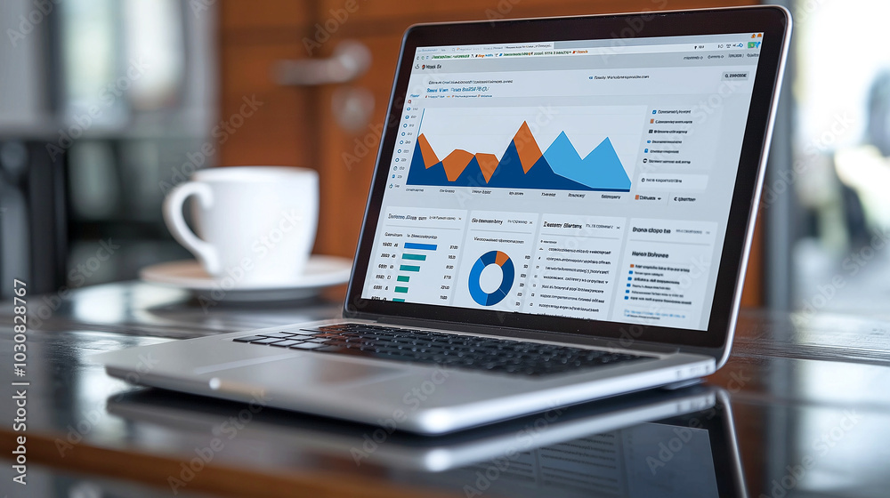Data analysis software on laptop screen displaying graphs and charts, showcasing performance metrics and insights. coffee cup sits nearby, enhancing workspace ambiance Data analysis software on laptop screen displaying graphs and charts, showcasing performance metrics and insights. coffee cup sits nearby, enhancing workspace ambiance