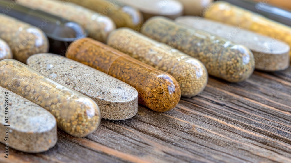 A Row of Clear Capsules Filled with Small, Granular Substances A Row of Clear Capsules Filled with Small, Granular Substances