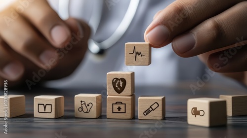 Close-up of a man's hand arranging wooden blocks with healthcare and medical icons with hospital background. Concept of healthcare and health insurance,medicine, medical exams, insurance plan