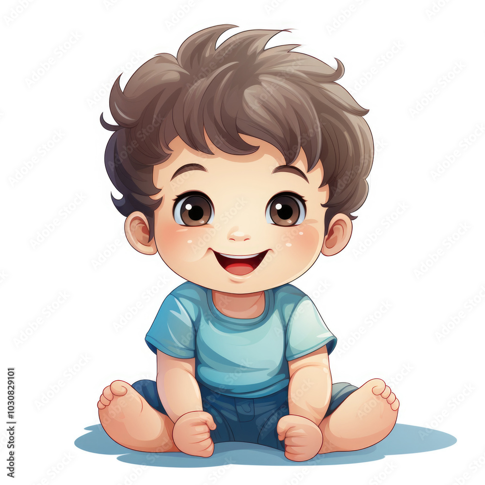 Adorable Cartoon Baby with Brown Hair and Big Eyes Sitting and Smiling on White Background Adorable Cartoon Baby with Brown Hair and Big Eyes Sitting and Smiling on White Background