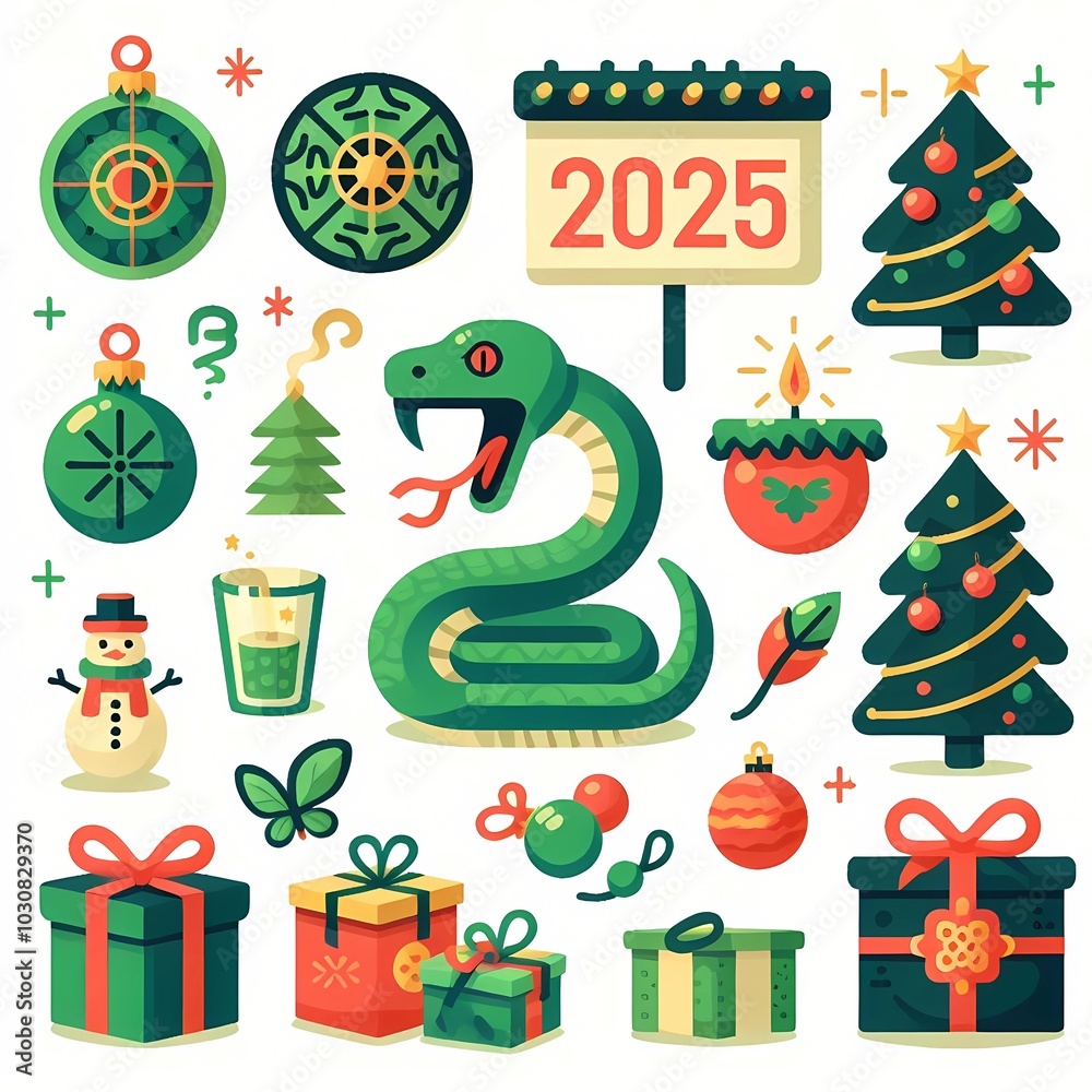 Naklejka premium New Year's poster 2025 with the symbol of the year and New Year's decorations, stickers