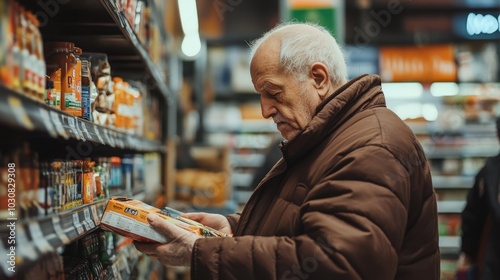 Senior Man Shopping for Groceries in Supermarket Aisle