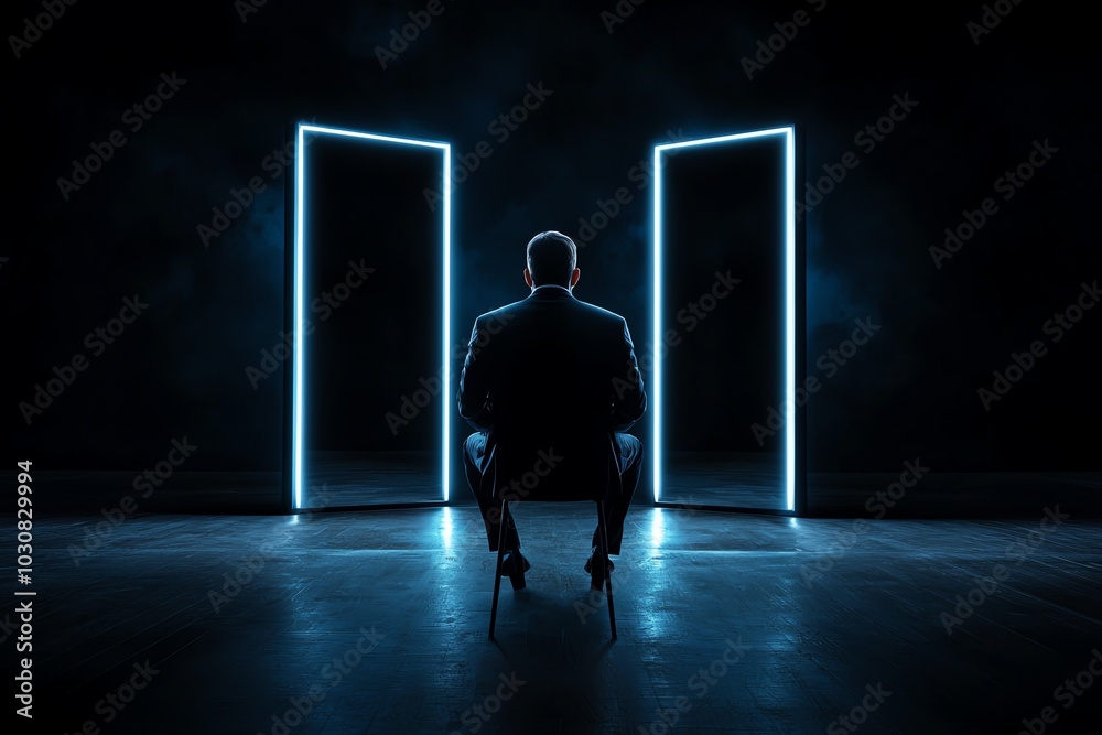 © ArthurGraphix - Person contemplating choices, two illuminated doors in a dark space.