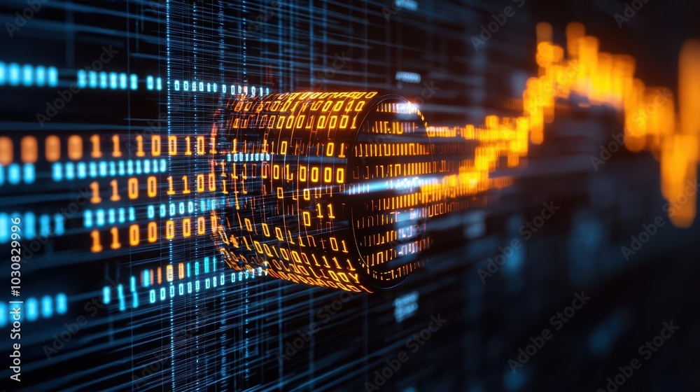 Obraz premium Abstract data visualization with binary code and glowing graphs.