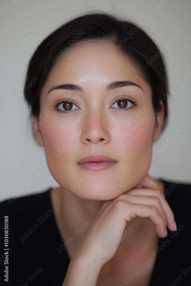 Minimalist close-up portrait of a young woman without makeup, concept of natural beauty, skincare, sun protection SPF, and cosmetic procedures Minimalist close-up portrait of a young woman without makeup, concept of natural beauty, skincare, sun protection SPF, and cosmetic procedures