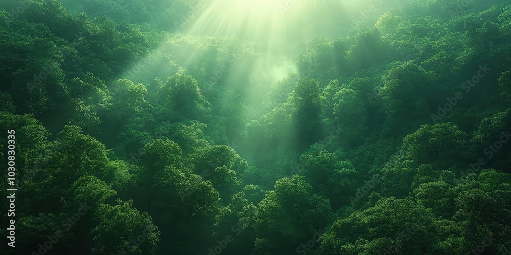 Fototapeta premium Sunlight Filtering Through Lush Green Forest Canopy Nature Photography