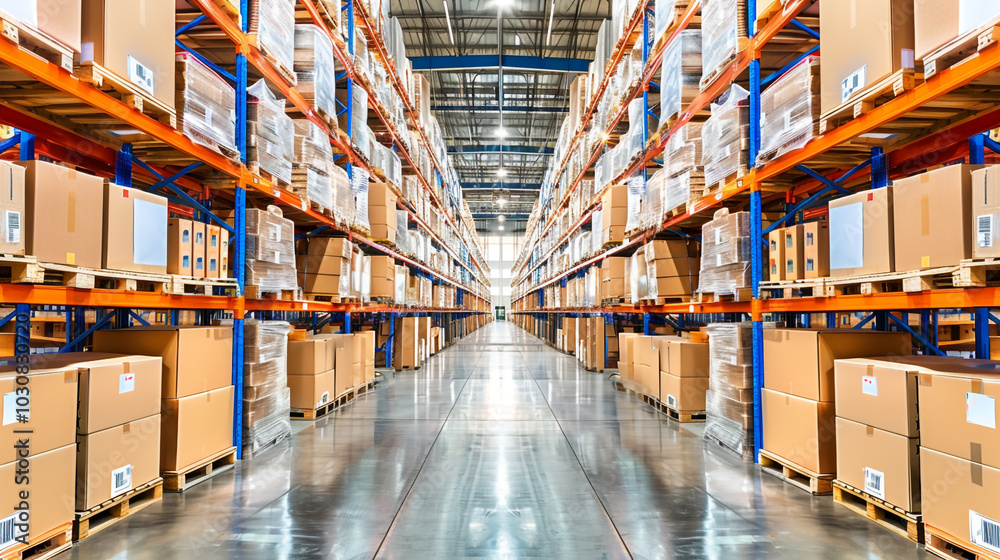 Large warehouse aisle filled with packed boxes Large warehouse aisle filled with packed boxes