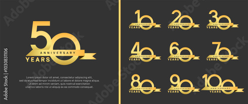 anniversary logo style set. vector design golden color with ribbon for celebration moment