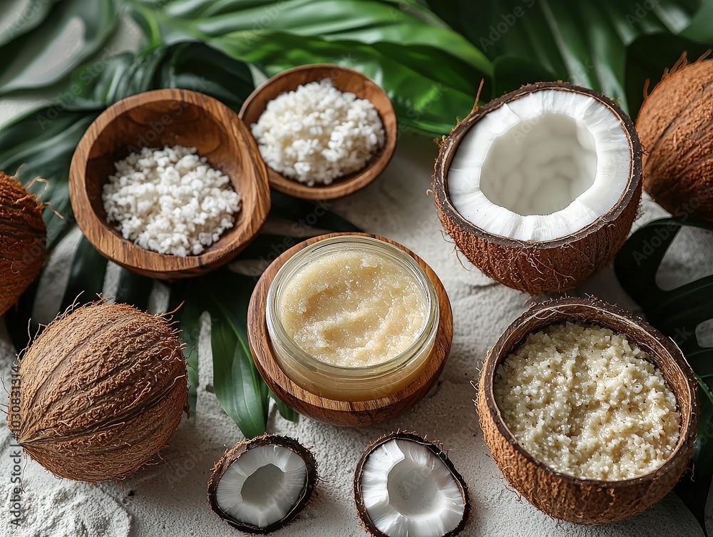 Fototapeta premium Tropical Coconut Oil Skincare Products on White Sand with Palm Leaves