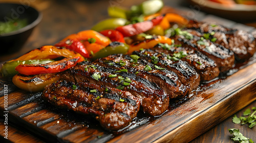 Grilled steak with colorful peppers on a wooden platter.