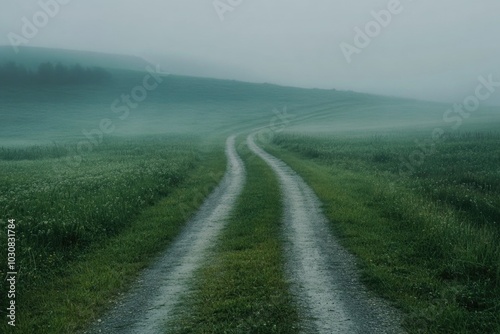 Grassy field with dirt road