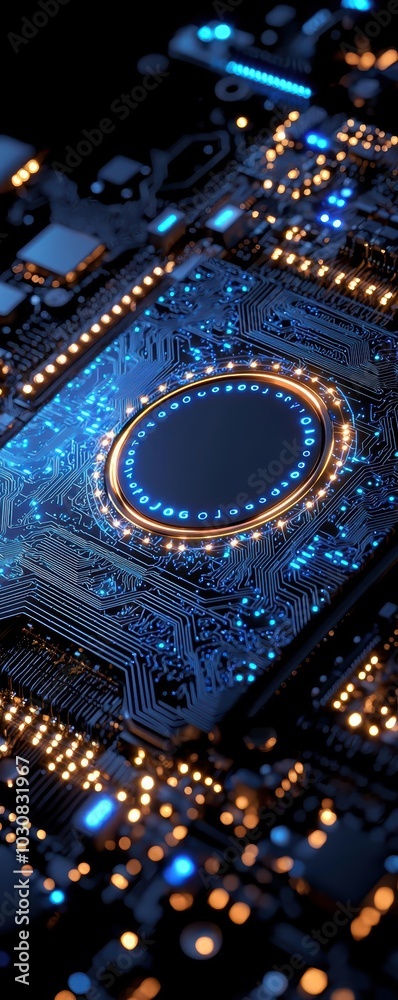 Obraz premium Close-up of a futuristic circuit board with blue lights, dark backdrop.