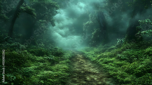 Lush, misty forest path inviting exploration and tranquility.