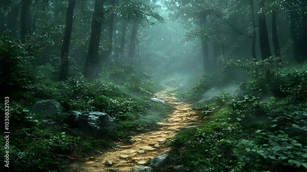 Obraz premium Misty forest path surrounded by lush greenery and soft light.
