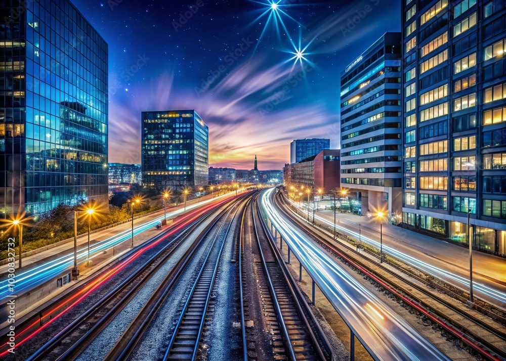 Fototapeta premium Railway Tracks and Modern Office Building at Night - Time Lapse Cityscape Photography