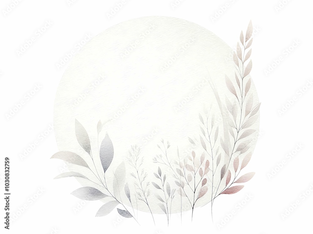 Minimalist circular botanical illustration with delicate leaves in soft pastel tones Minimalist circular botanical illustration with delicate leaves in soft pastel tones