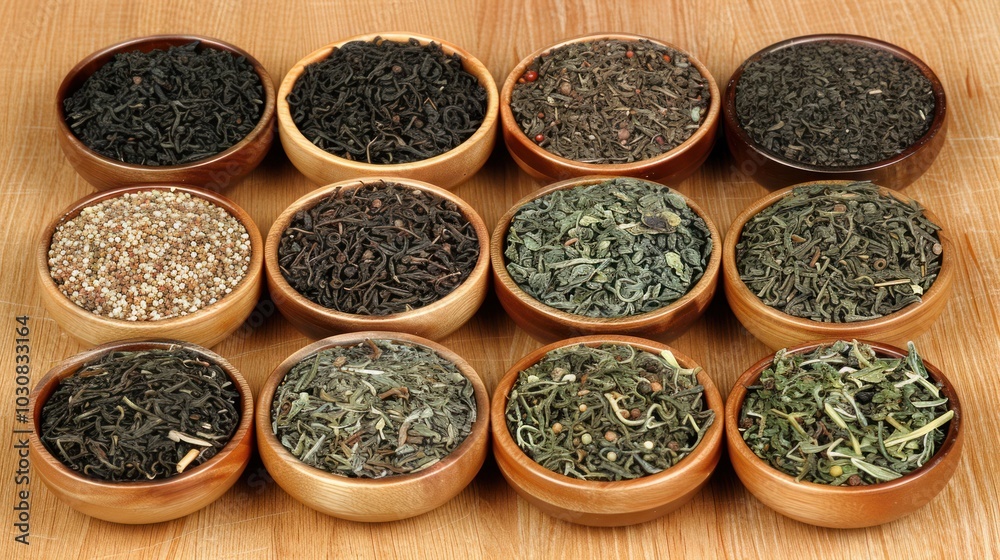 Collection of Different Tea Varieties in Wooden Bowls Collection of Different Tea Varieties in Wooden Bowls