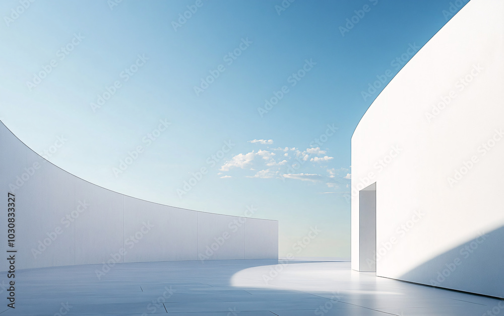 a white architectural structure with a curved, undulating surface, set against a clear blue sky. The structure appears modern and minimalist. a white architectural structure with a curved, undulating surface, set against a clear blue sky. The structure appears modern and minimalist.
