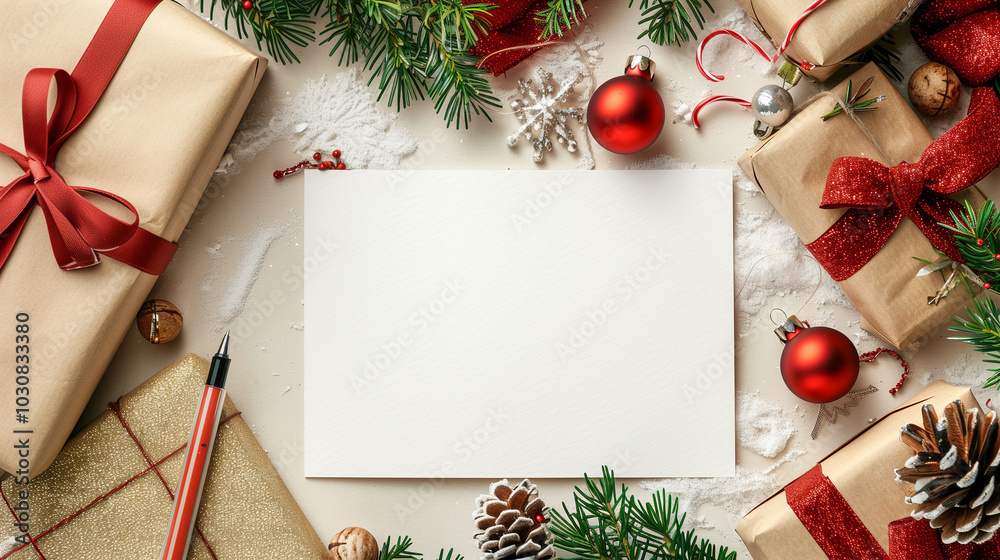 Top view of a Christmas greeting card A4 white paper framed with ornaments on a white background. Top view of a Christmas greeting card A4 white paper framed with ornaments on a white background.