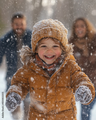 Happy child joyfully playing in the snow with parents in a winter forest on a snowy day 