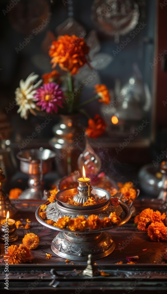 Traditional Lakshmi Puja Setup in Nepali Home with Offerings and Marigold Decorations Traditional Lakshmi Puja Setup in Nepali Home with Offerings and Marigold Decorations