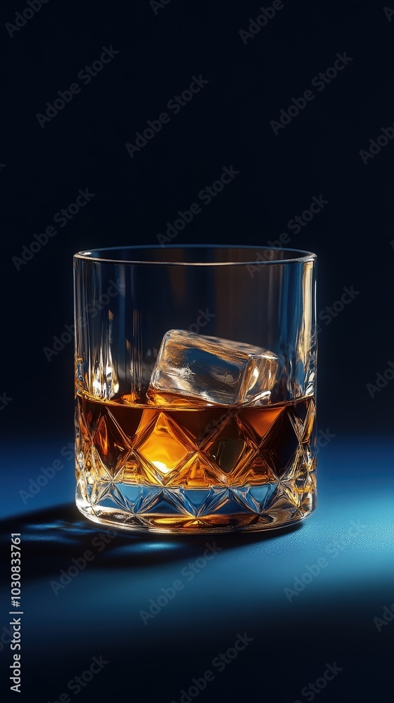 Crystal Glass of Whiskey with Ice Cube on Blue Background