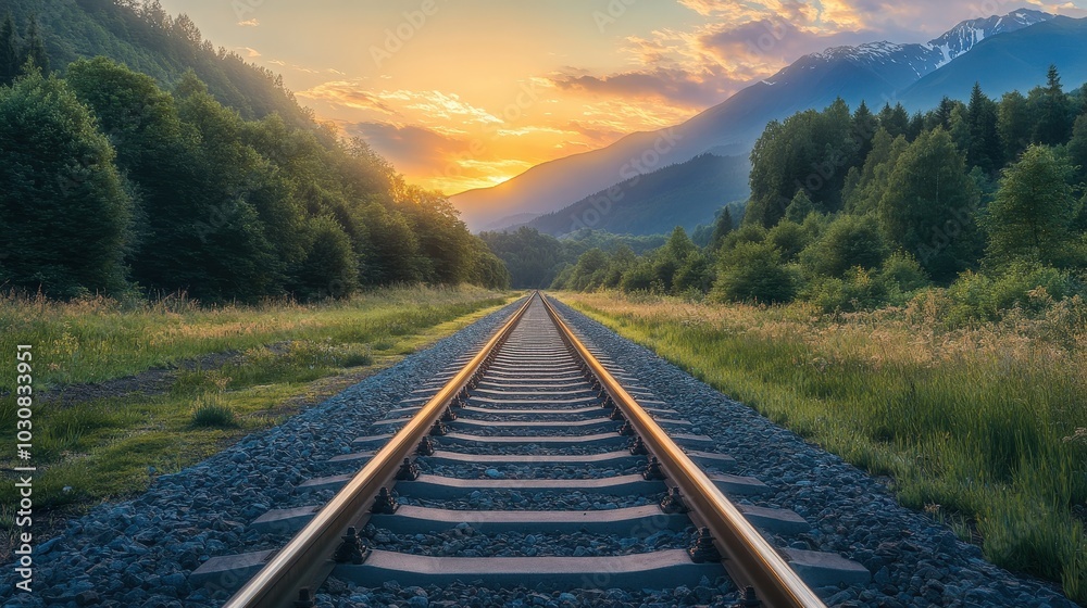 Fototapeta premium Railroad Tracks Through Lush Forest at Sunset with Mountain View