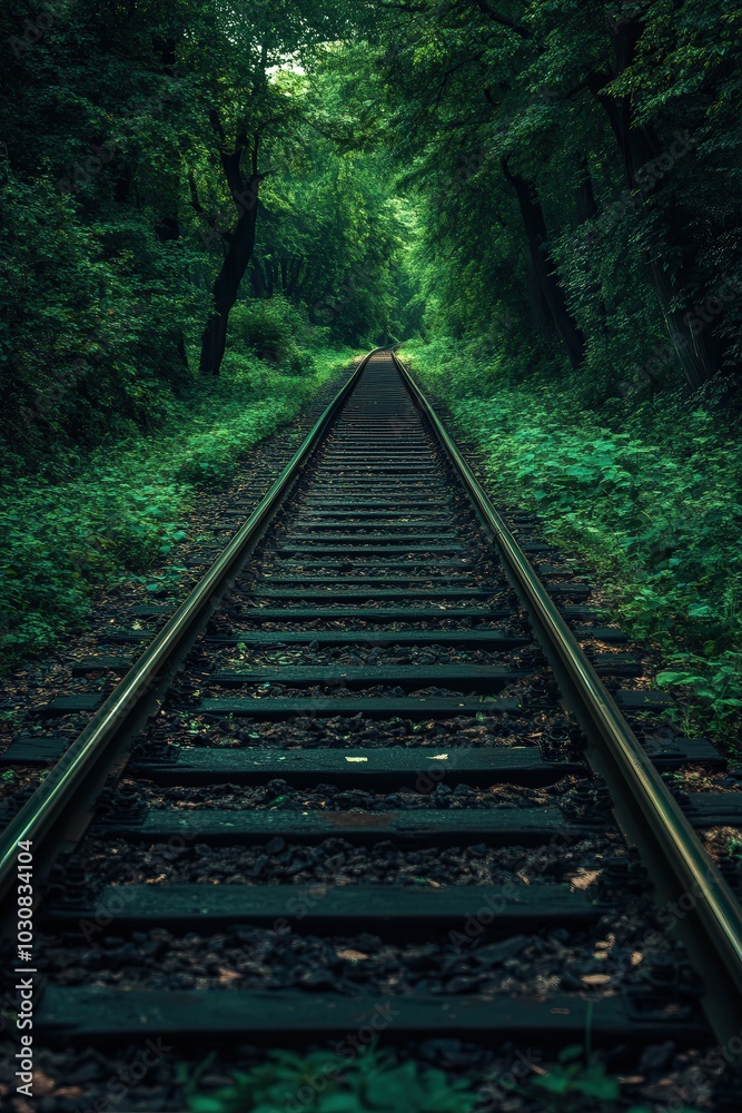 Railroad Tracks Through Lush Green Forest Nature Travel Pathway Railroad Tracks Through Lush Green Forest Nature Travel Pathway