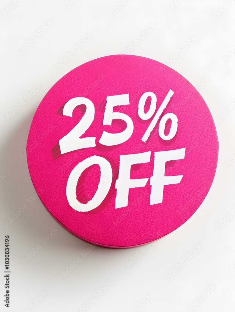 White '25% OFF' Text on a Hot Pink Round Paper Note. White Background White '25% OFF' Text on a Hot Pink Round Paper Note. White Background