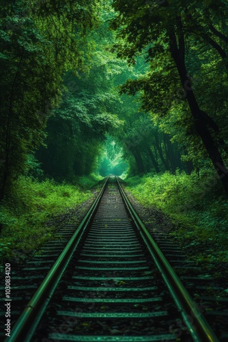 Railroad Tracks Through Lush Green Forest Nature Travel Transportation