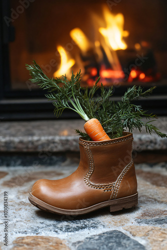 Childrens shoe and pepernoten for Sinterklaas and carrot for horse treat stands in front of hot fireplace. Celebration concept for children party in Saint Nicolas day five december. photo