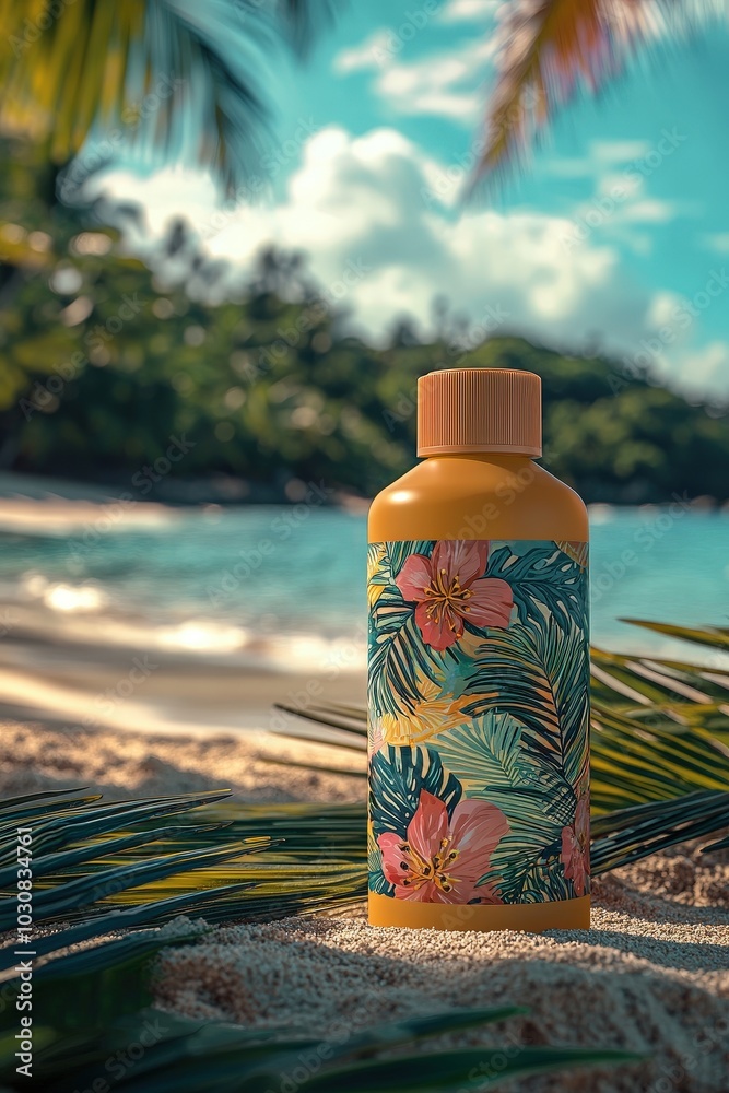 Tropical Sunscreen Bottle Mockup on Beach with Palm Trees Tropical Sunscreen Bottle Mockup on Beach with Palm Trees