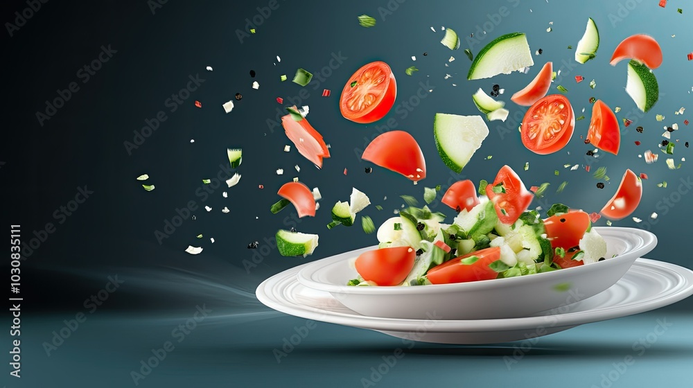 A banner on a culinary theme with a three-dimensional 3D illustration of a plate into which chopped vegetables are flying. A banner on a culinary theme with a three-dimensional 3D illustration of a plate into which chopped vegetables are flying.