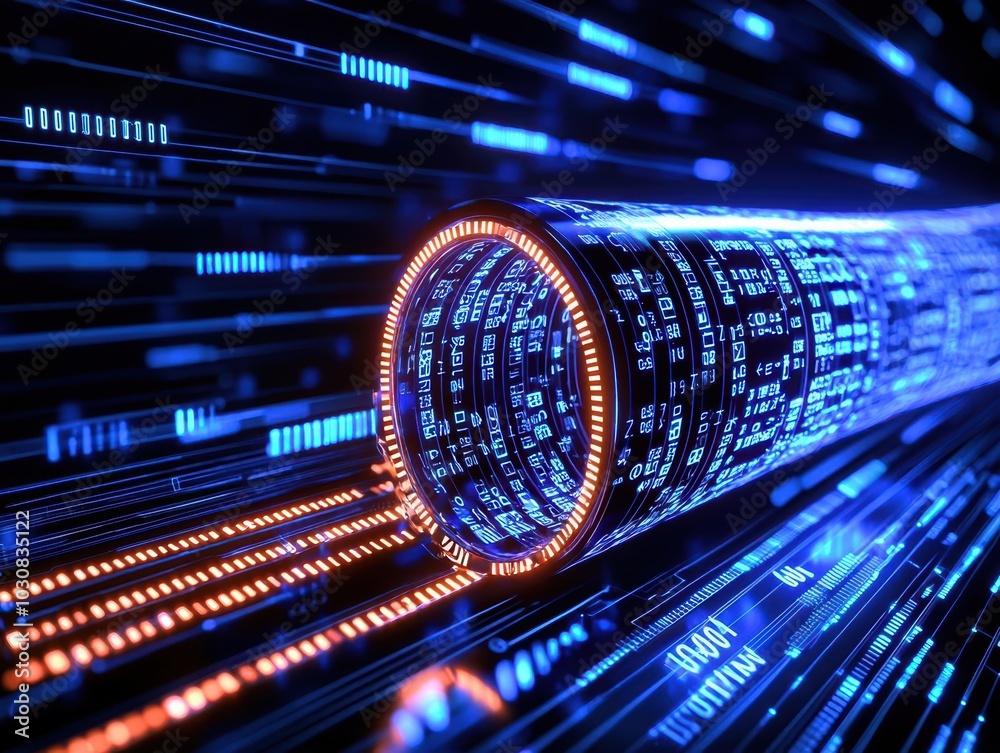 Futuristic data tunnel with glowing lines and symbols on a dark background. Futuristic data tunnel with glowing lines and symbols on a dark background.
