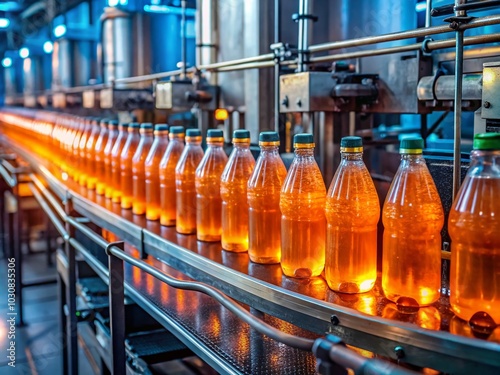 "Automated Factory Production Line Filling Orange Bottles in Low Light"