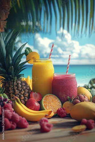 Tropical Fruit Smoothies Beach Scene Summer Refreshing Drinks Pineapple Mango Banana