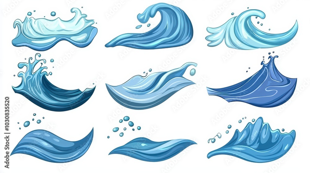 A set of cartoon-style ocean waves with different forms and dynamic movement, isolated against white background. Ideal for designs related to water, marine life, and surfing. A set of cartoon-style ocean waves with different forms and dynamic movement, isolated against white background. Ideal for designs related to water, marine life, and surfing.