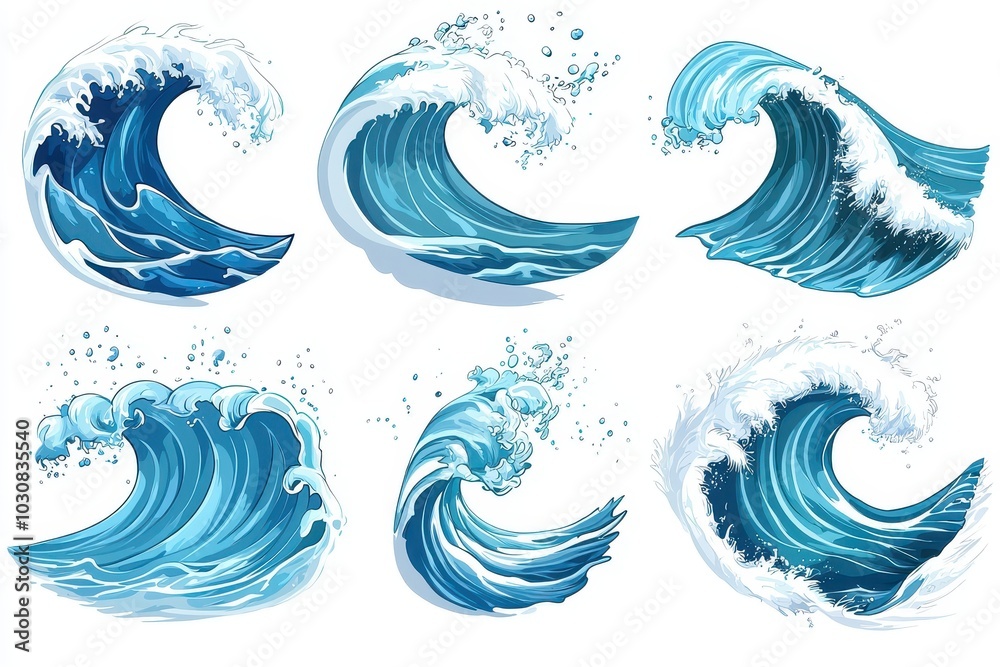 A set of cartoon-style ocean waves with different forms and dynamic movement, isolated against white background. Ideal for designs related to water, marine life, and surfing. A set of cartoon-style ocean waves with different forms and dynamic movement, isolated against white background. Ideal for designs related to water, marine life, and surfing.