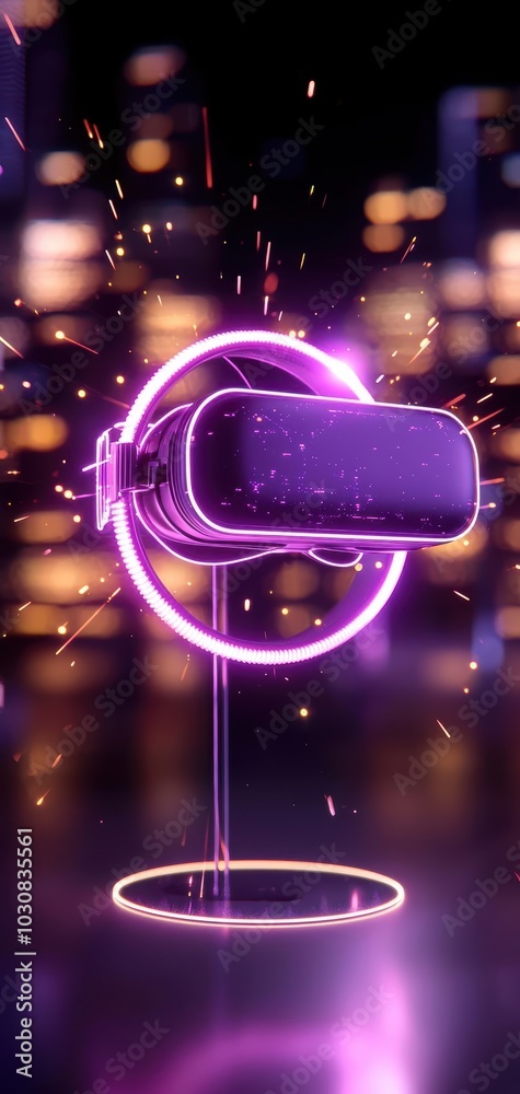 Obraz premium Futuristic virtual reality headset with neon lighting and spark effects.