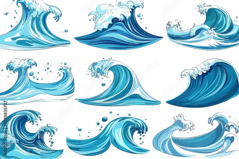 A set of cartoon-style ocean waves with different forms and dynamic movement, isolated against white background. Ideal for designs related to water, marine life, and surfing. A set of cartoon-style ocean waves with different forms and dynamic movement, isolated against white background. Ideal for designs related to water, marine life, and surfing.