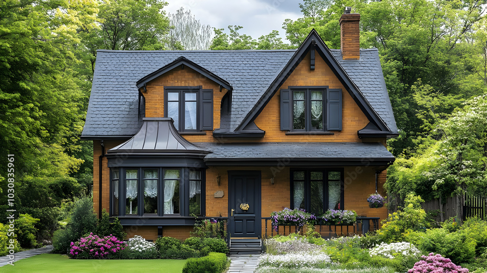 Charming two-story house surrounded by lush greenery and flowers. Charming two-story house surrounded by lush greenery and flowers.