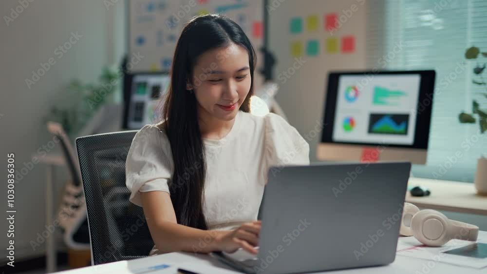 Freelancer smiling while working on a laptop at a desk, creating a productive and cheerful atmosphere in a modern workspace Freelancer smiling while working on a laptop at a desk, creating a productive and cheerful atmosphere in a modern workspace