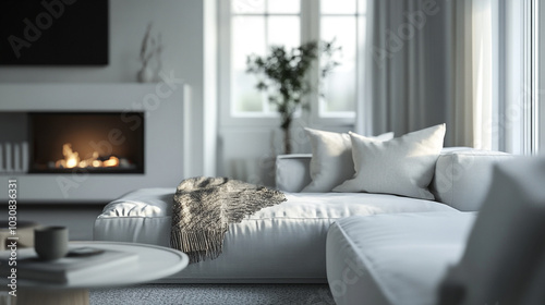 Wallpaper Mural White corner sofa near fireplace. Scandinavian home interior design of modern living room, modern living room with fireplace and pink cushions. Torontodigital.ca