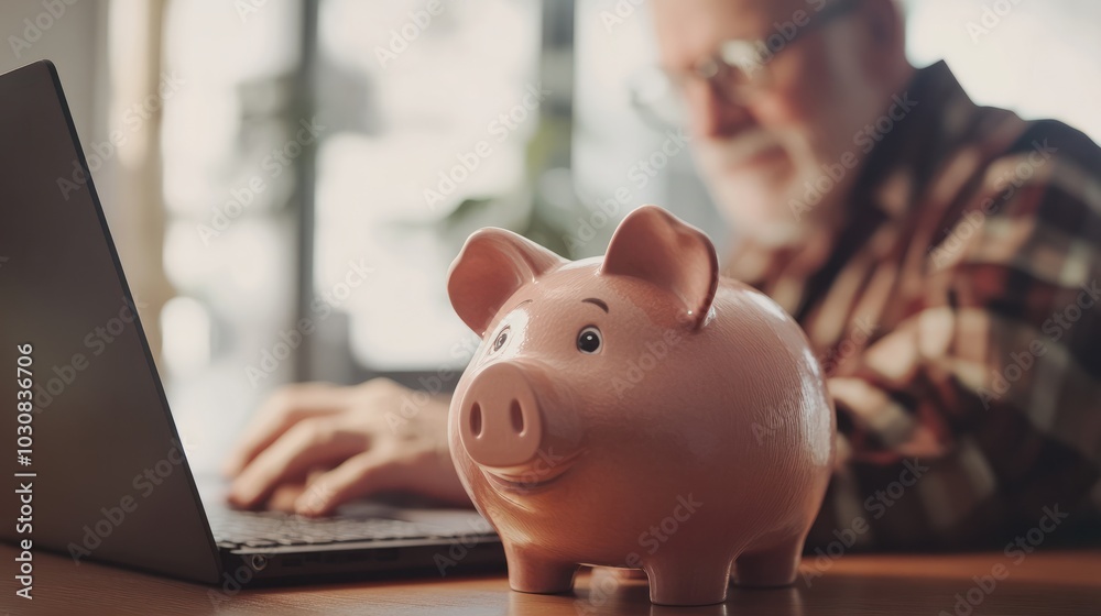Piggy bank standing on desk with blurred retired man using laptop and doing accounting in background.. Piggy bank standing on desk with blurred retired man using laptop and doing accounting in background..