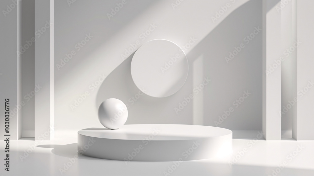 Fototapeta premium a white ball on a white surface, with a shadow and a reflection on the surface.