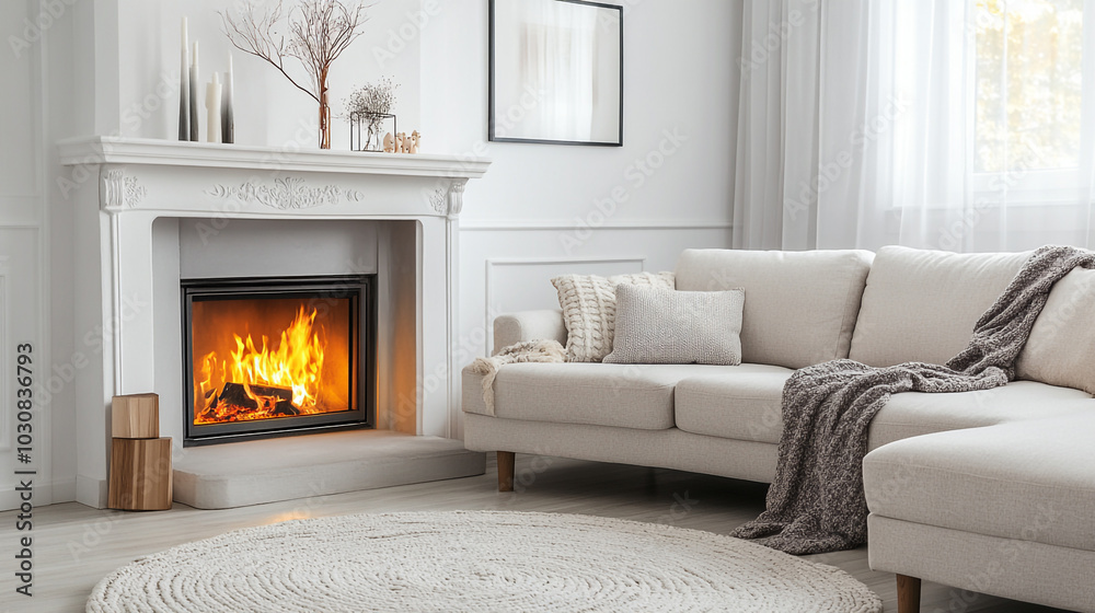 Modern Scandinavian Living Room, Sofa with pillows with cosy fireplace, Interior of a cozy living room with fireplace. Modern Scandinavian Living Room, Sofa with pillows with cosy fireplace, Interior of a cozy living room with fireplace.