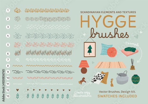 Hygge Brushes Set. Elements, noise effect, grunge textures and grain. Scatter brushes in Scandinavian style. Swatches included. Design kit. Editable size and color. Strokes for cozy illustrations.