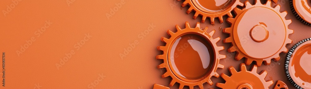 Orange gears on a surface in a workshop setting, work tools and machinery theme. Orange gears on a surface in a workshop setting, work tools and machinery theme.